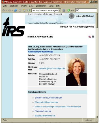 Vorstellung von Prof. Dr.-Ing. habil. Monika Auweter-Kurtz auf der Homepage des Instituts für Raumfahrtsysteme der Universität Stuttgart